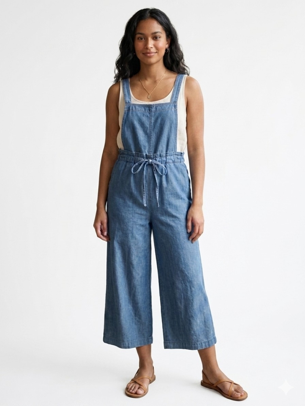Polagram Light Wash Chambray Wide Leg Overall Romper Jumpsuit S